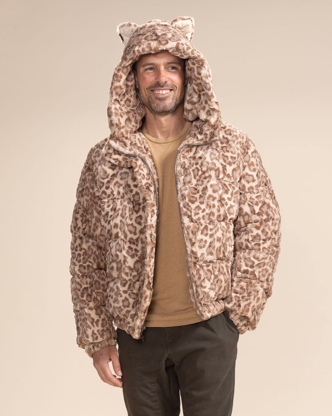 Men's Puffer Jacket With Hood | Tan Leopard - SpiritHoods