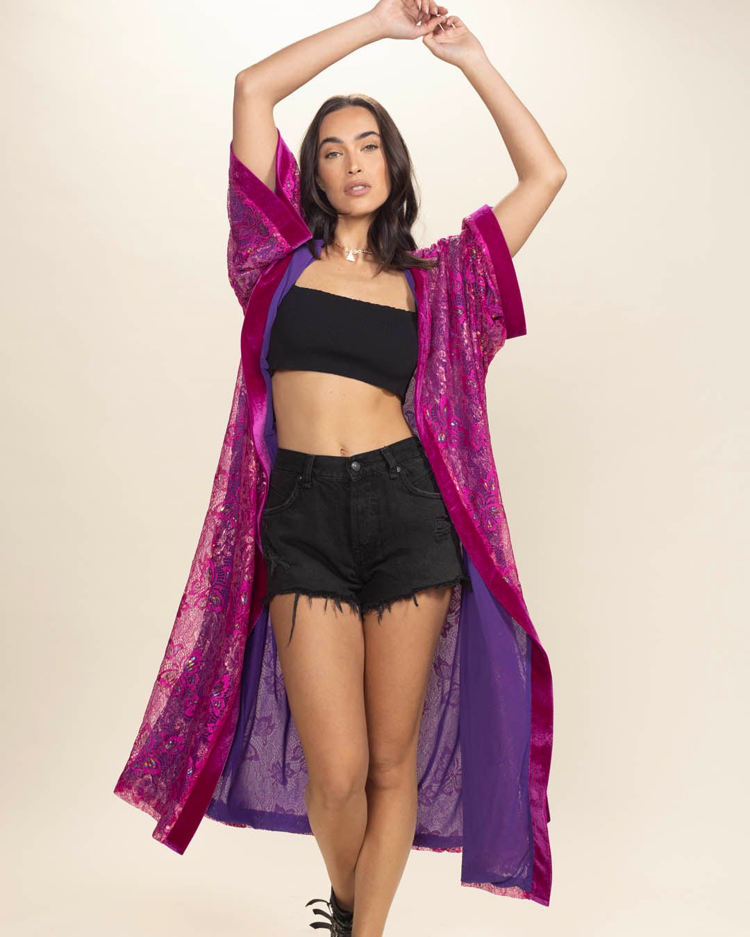 Women's Festival Kimono | Metallic Pink Butterfly