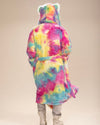 Man in Faux Fur Rainbow Bear Robe, belt open, hood and ears up, back fully to the camera—playful and cozy style.