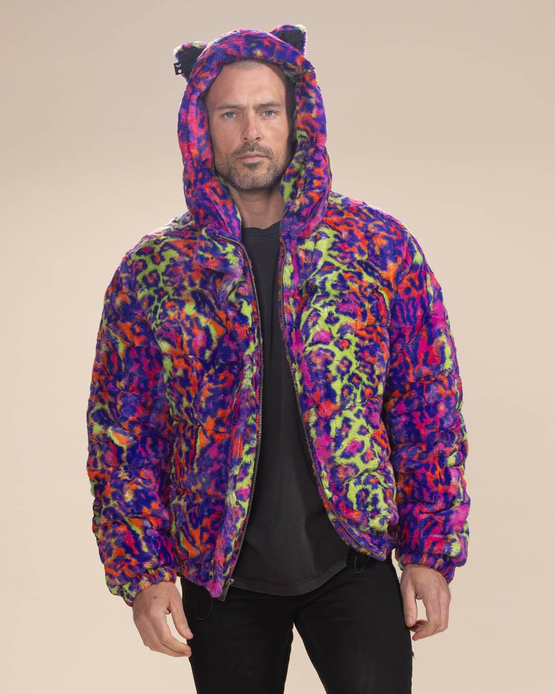 Classic Men&#39;s Puffer Jacket With Hood | Neon Disco Cat