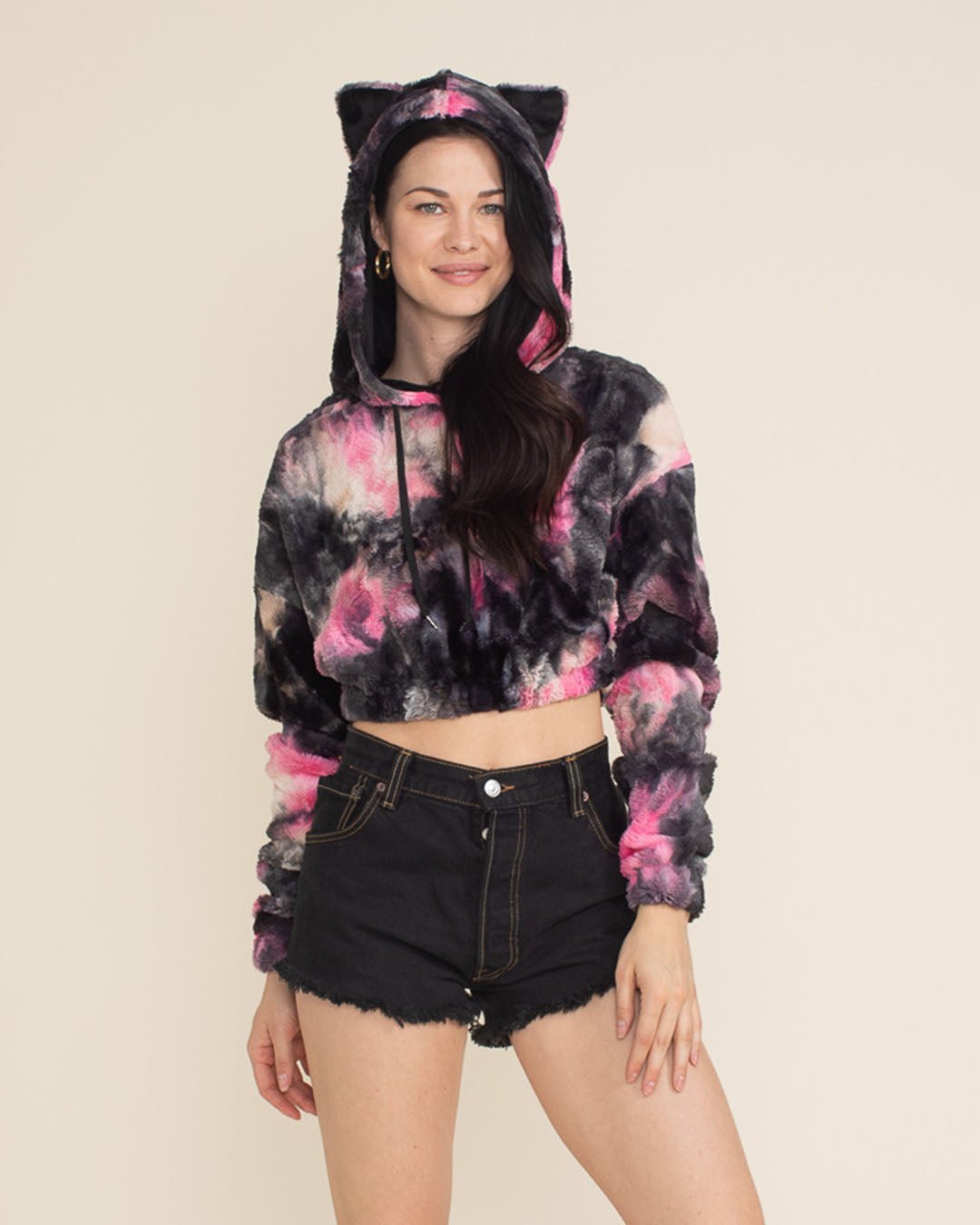 Ink Spotted Leopard Classic Ultra Soft Faux Fur Crop Hoodie | Women's