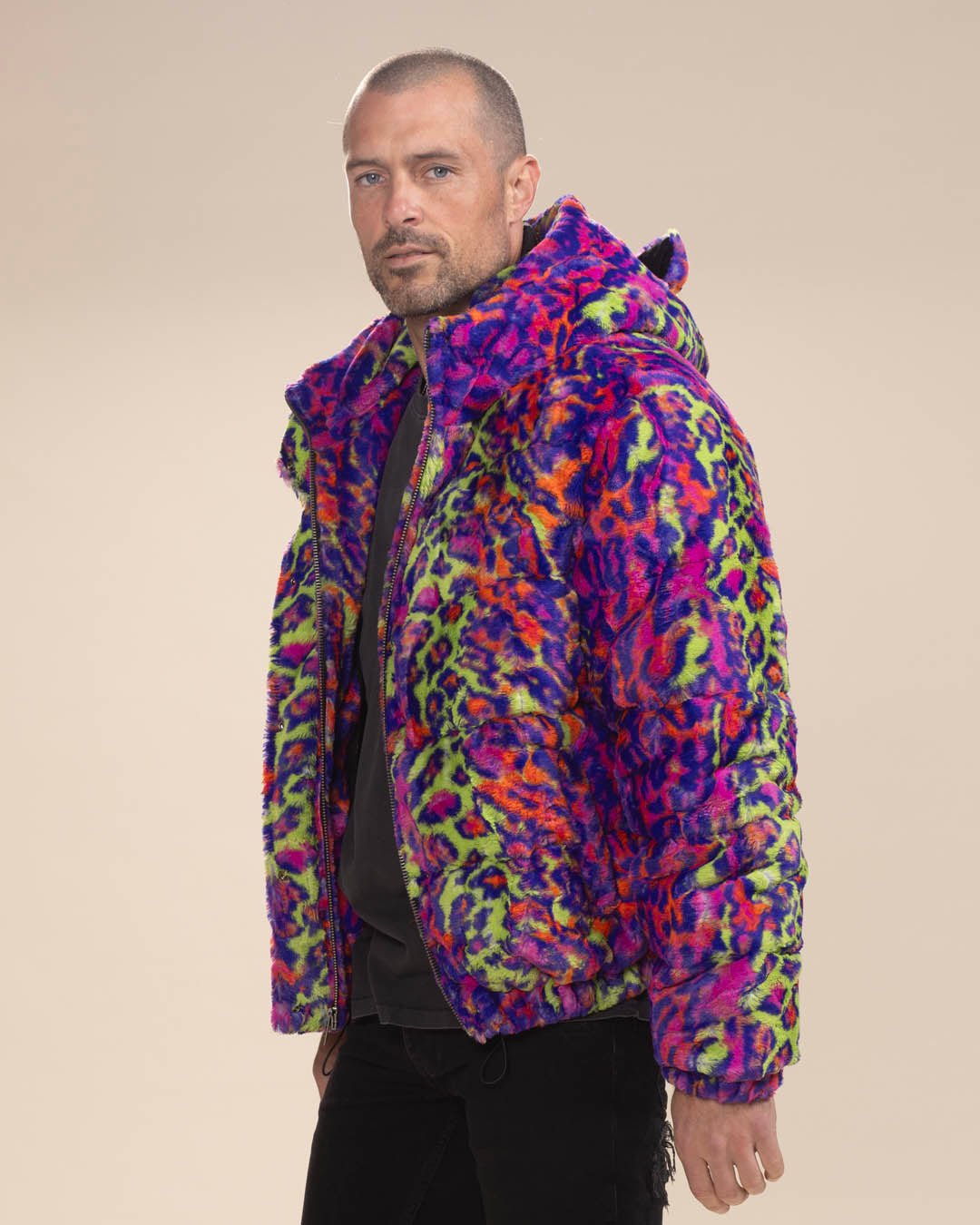 Men s Puffer Jacket With Hood Colorful Neon Disco Cat SpiritHoods