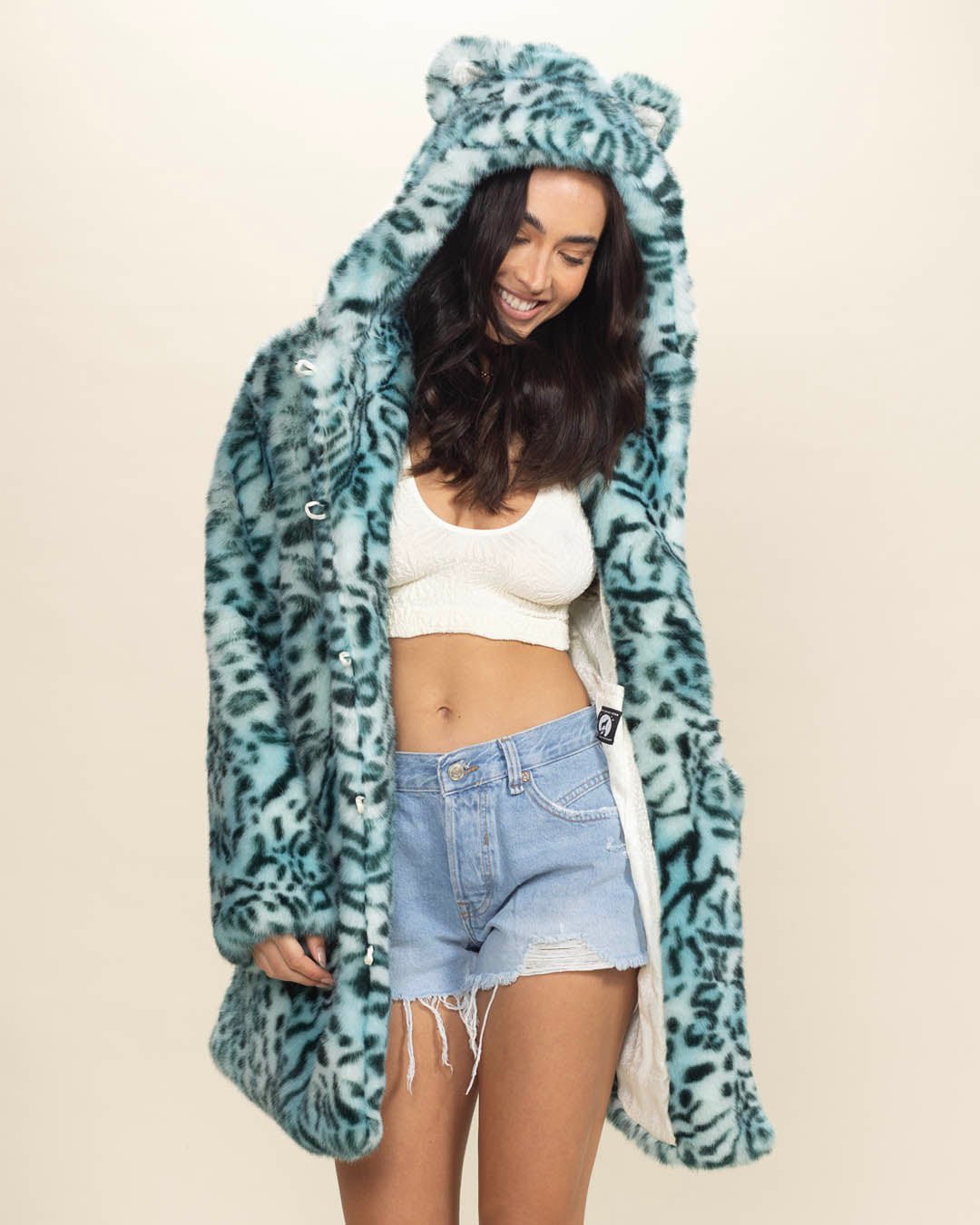 SpiritHoods Light Blue Animal Print Faux Fur Womens Coat