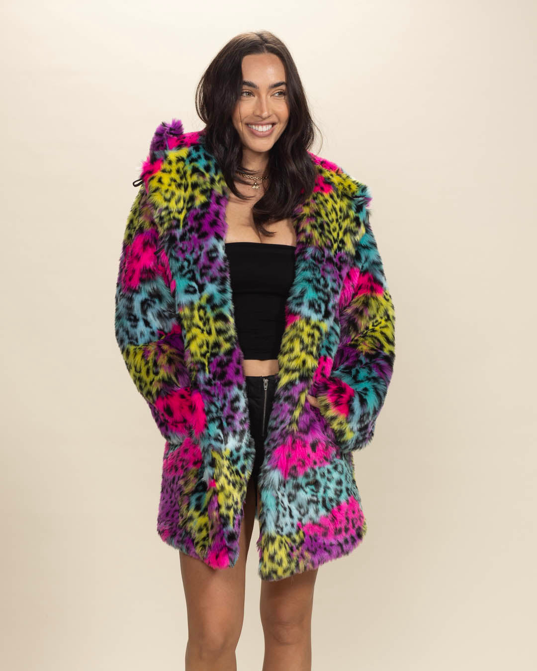 Classic Women's Faux Fur Coat | Neon Graffiti Leopard