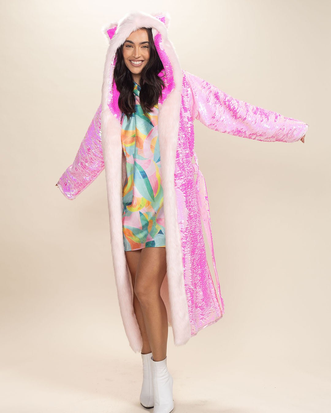 Classic Women's Long Sequin Coat | Pink Disco Cat