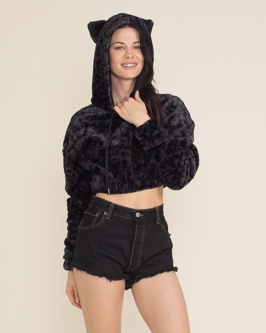 Slate Leopard Classic Ultra Soft Faux Fur Crop Hoodie | Women's