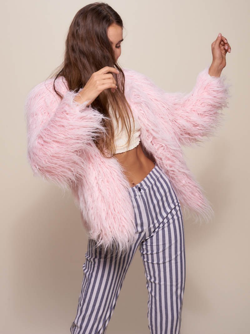 Woman wearing Flamingo Faux Fur Bomber, front view 1