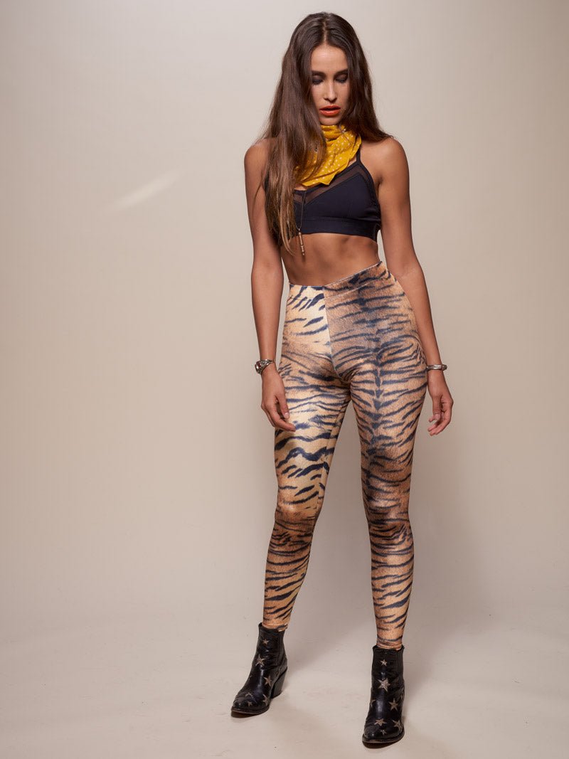 Back View of Poly-Velvet Women's Leggings Featuring Tiger Design