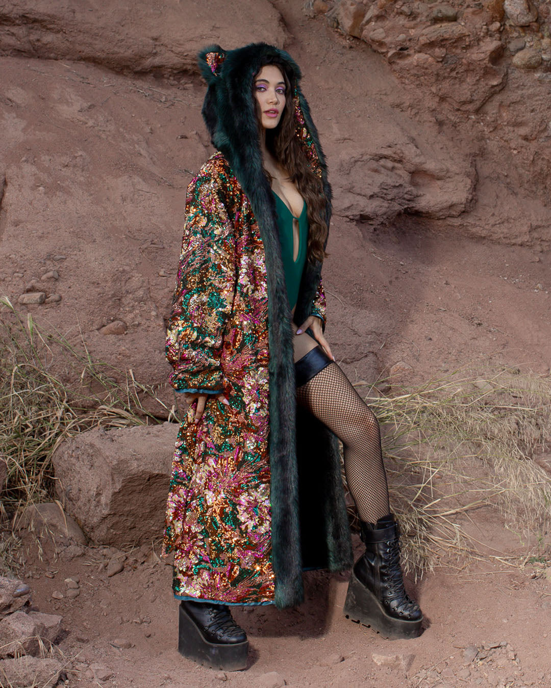 Classic Women&#39;s Long Sequin Coat | Oasis Emerald Green