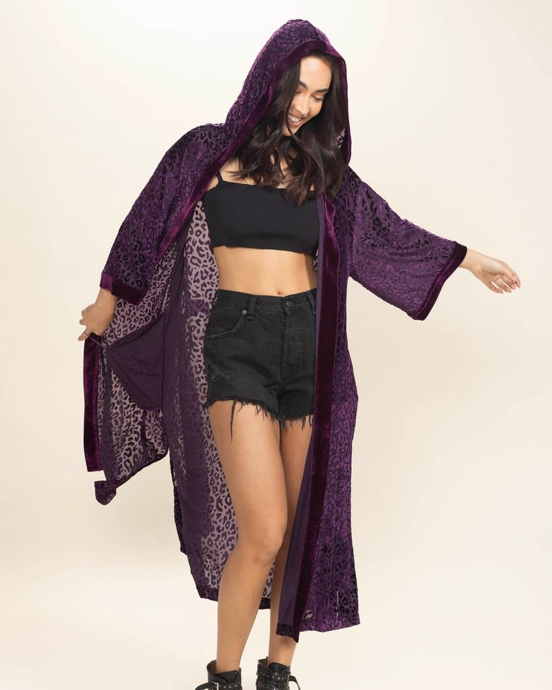 Violet Leopard Hooded Collector Edition Burnout Velvet Kimono | Women's