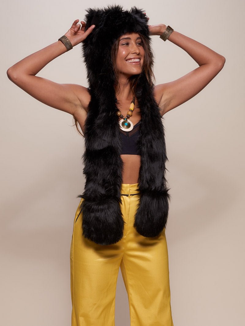 Woman wearing Black Wolf Faux Fur Hood, front view