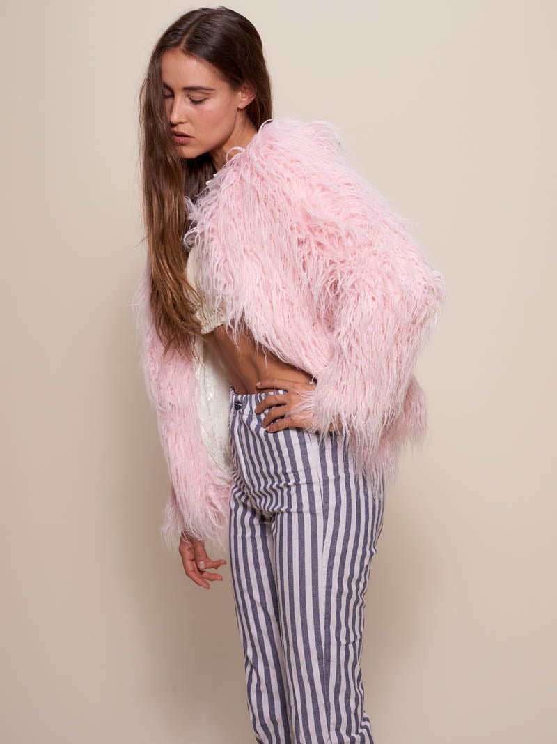 Woman wearing Flamingo Faux Fur Bomber, side view 1