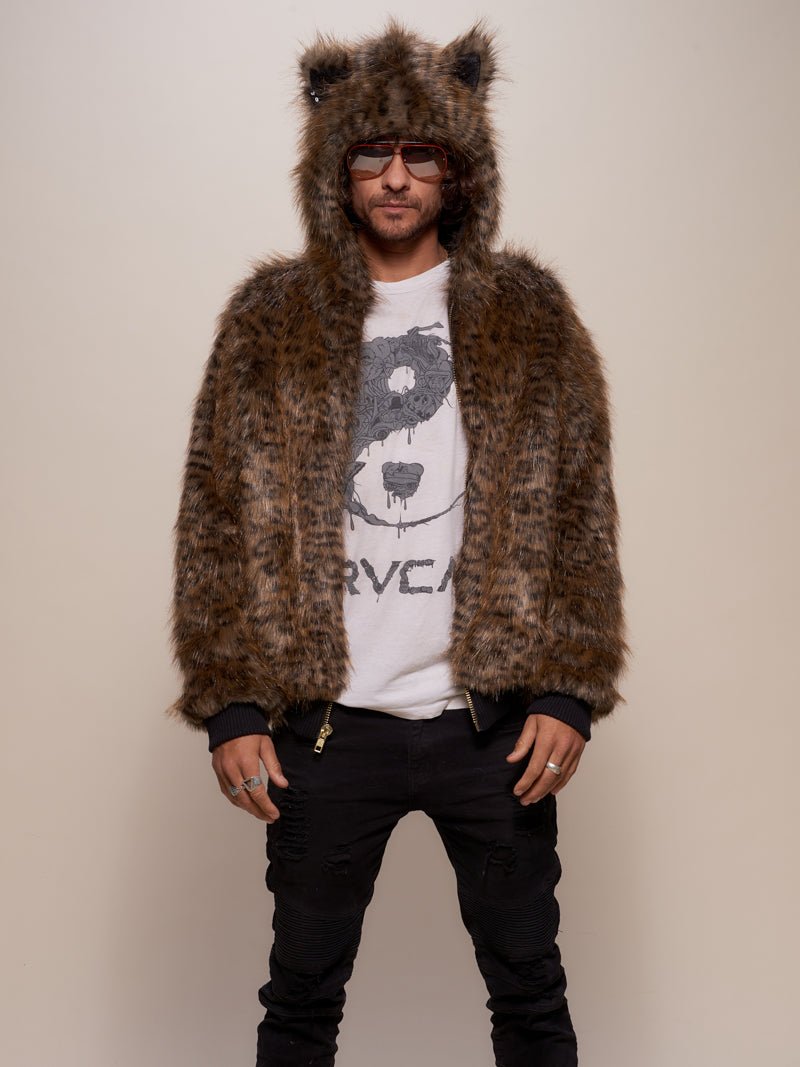 Man wearing Savannah Cat Classic Faux Fur Bomber Jacket