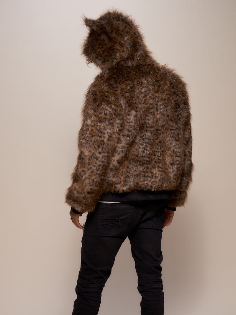 Man wearing Savannah Cat Classic Faux Fur Bomber Jacket, back view