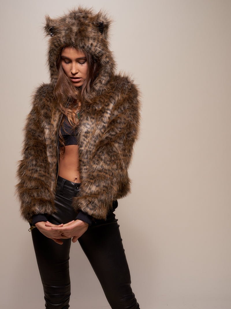 Savannah Cat Hooded Faux Fur Bomber Jacket 