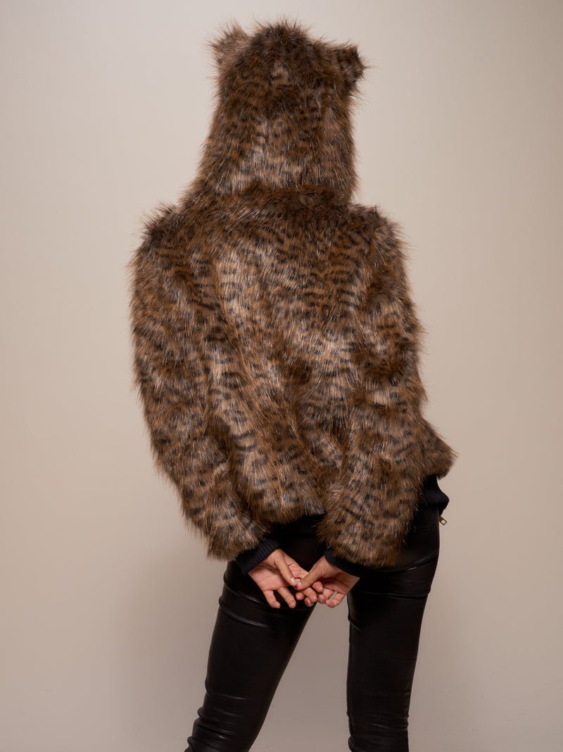 Back View of Savannah Cat Classic Faux Fur Bomber Jacket with Hood