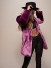 V-Neck Luxe Faux Fur Coat Featuring Lavender Wolf Design on Female