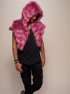 Man wearing Limited Edition Rose Finch Faux Fur Shawl, front view