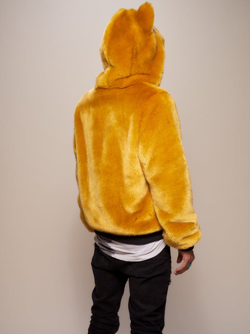 Man wearing faux fur Golden Wolf Luxe Classic Bomber Jacket, back view