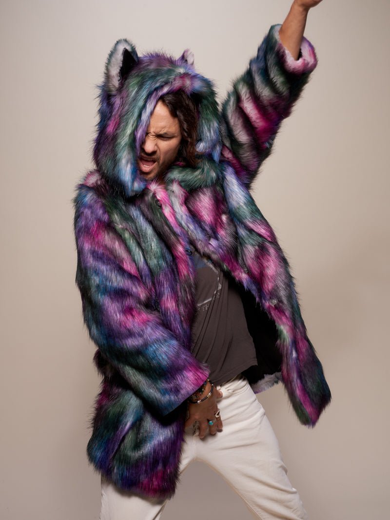 Man wearing Classic Disco Wolf Faux Fur Coat, front view 3