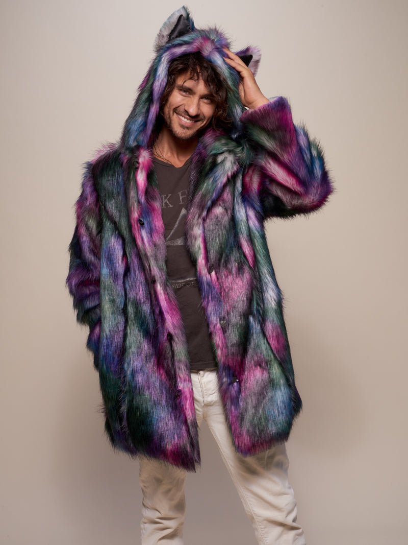 Man wearing Classic Disco Wolf Faux Fur Coat, front view 2