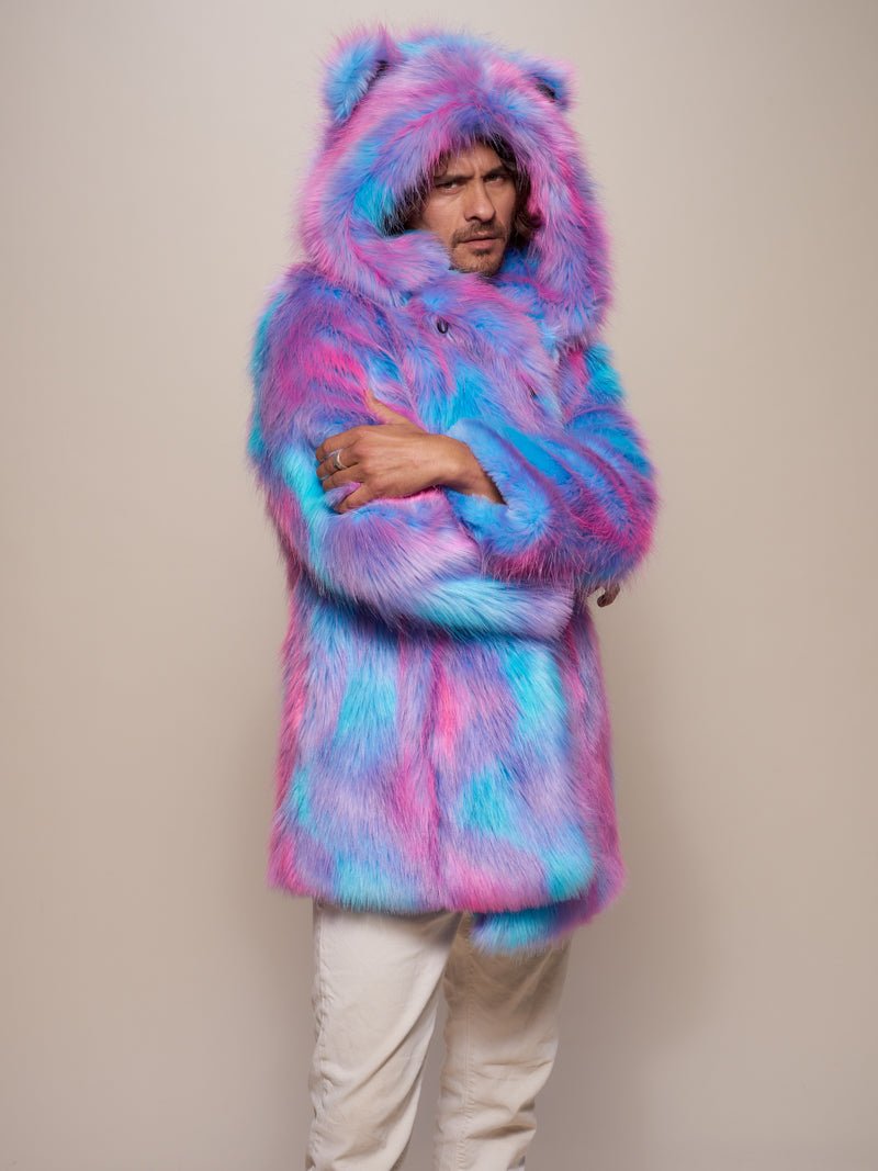 Brooding male model with arms crossed, wearing the Cotton Candy Bear faux fur coat.