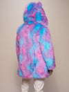 Man with his back to the camera wearing the hood and ears up on the Cotton Candy Bear vegan coat.
