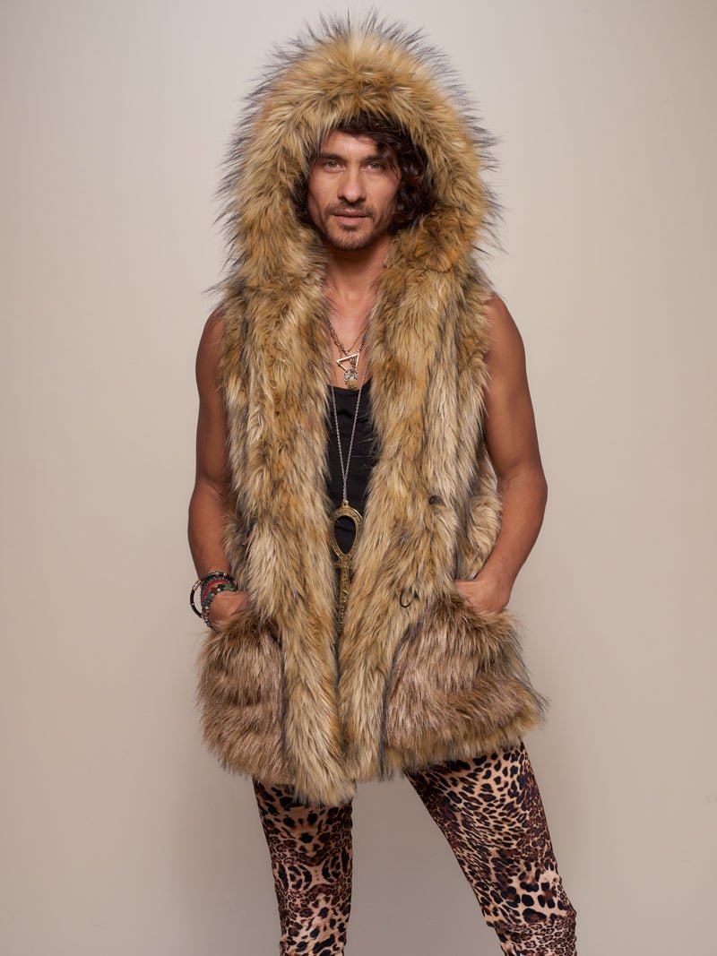 Man wearing Golden Jackal Faux Fur Vest, front view