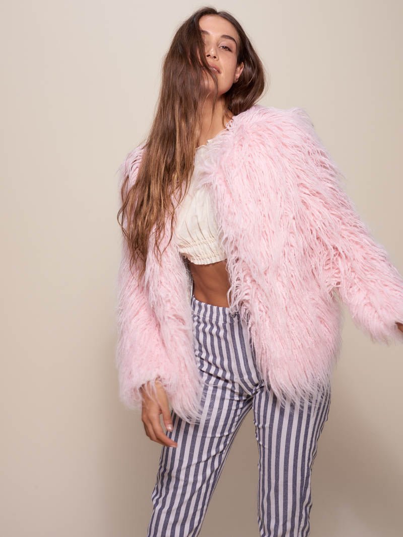 Woman wearing Flamingo Faux Fur Bomber, front view 2