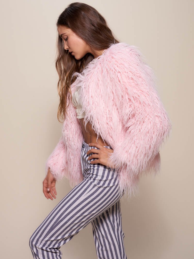 Woman wearing Flamingo Faux Fur Bomber