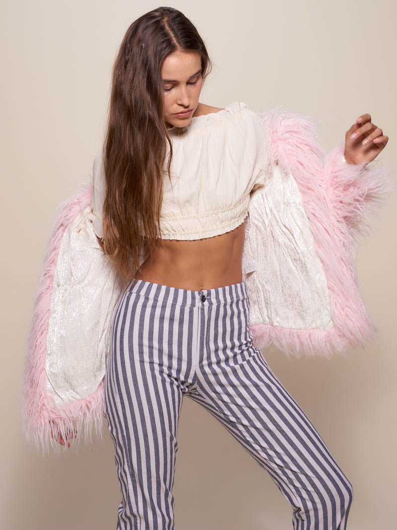 Woman wearing Flamingo Faux Fur Bomber, front view