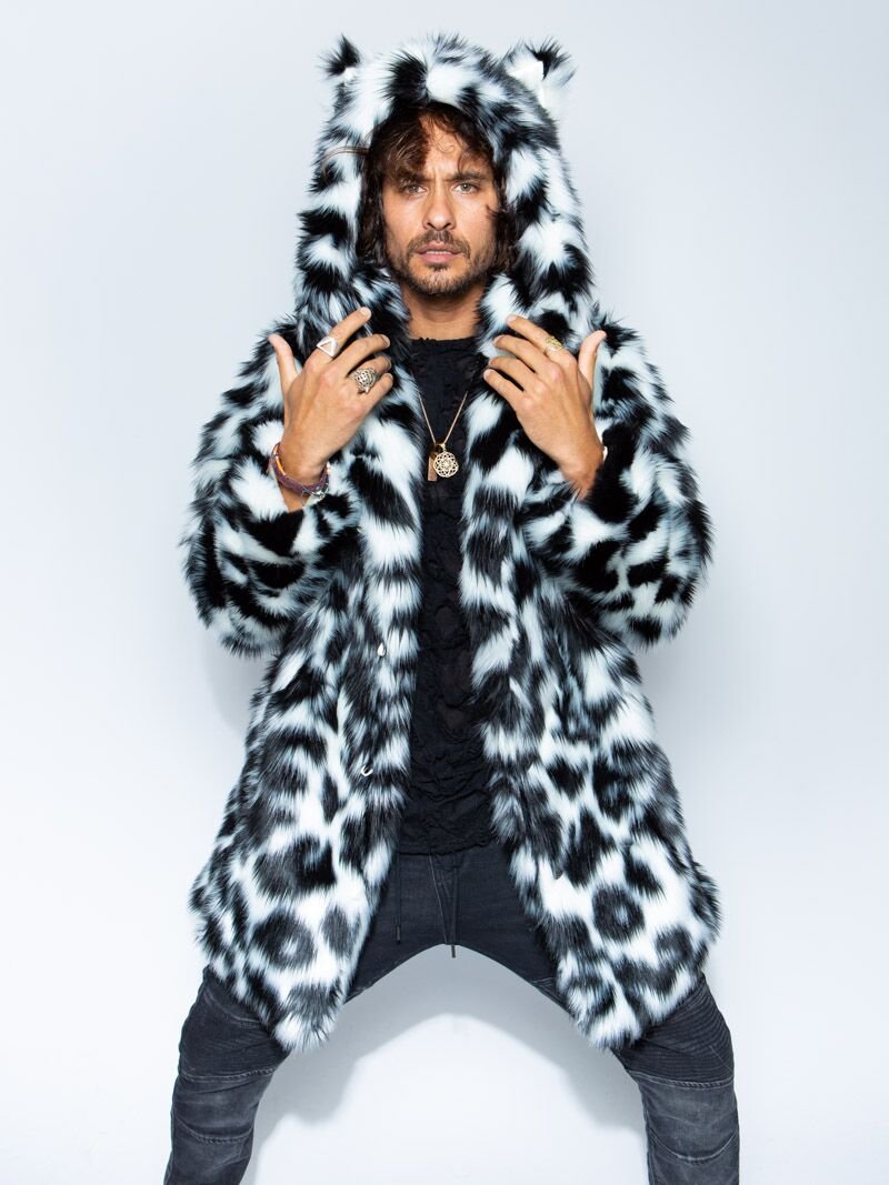 Black and White Classic Spotted Leopard Faux Fur Coat on Male