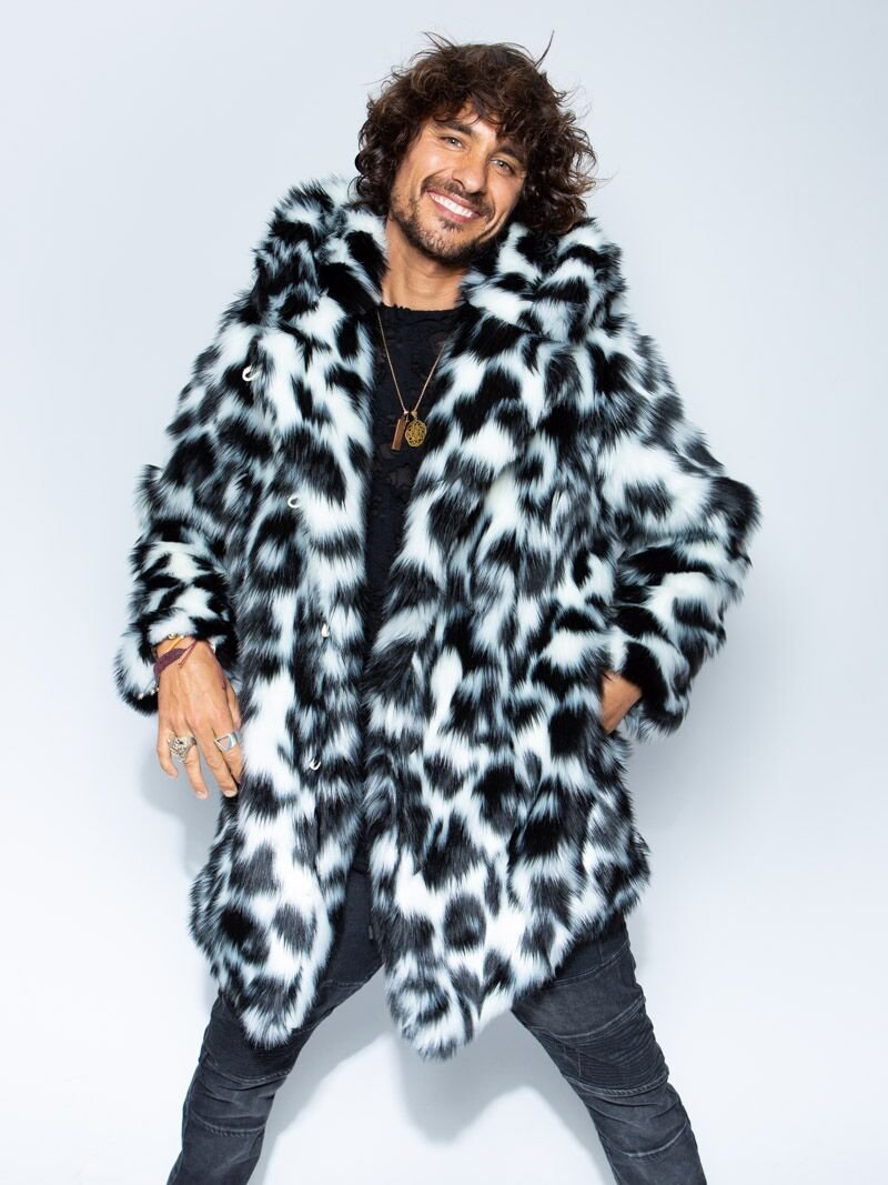 Classic Spotted Leopard Faux Fur Coat with Hood on Male