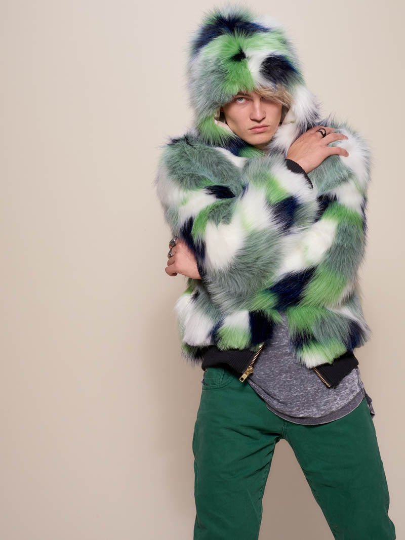 Man wearing Emerald Hummingbird Hooded Faux Fur Bomber Jacket, front view 1