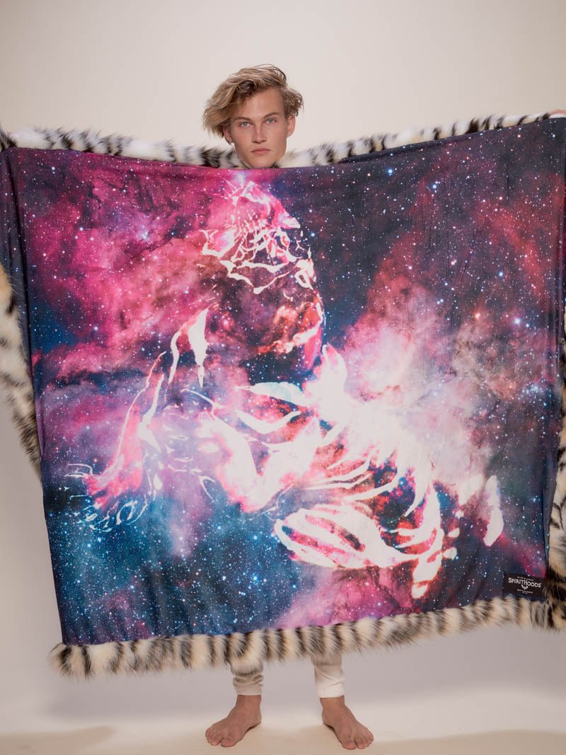 Male Model Holding Tiger Galaxy Faux Fur Throw 