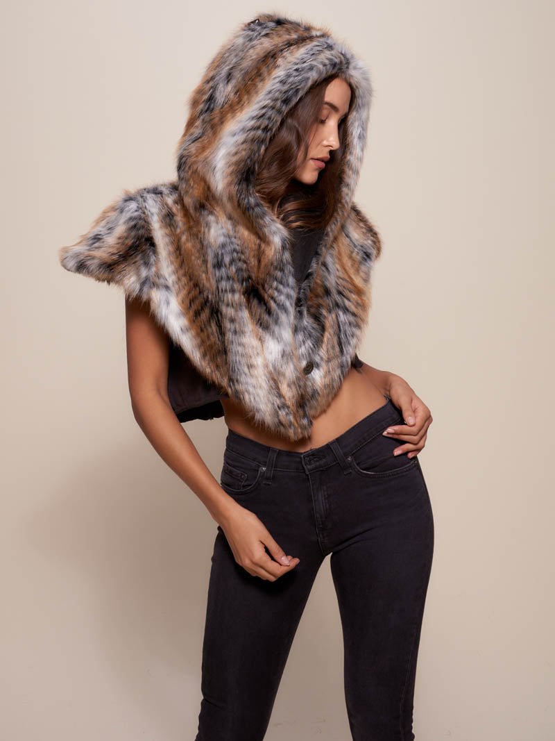 Red Tail Hawk Faux Fur Shawl on Woman