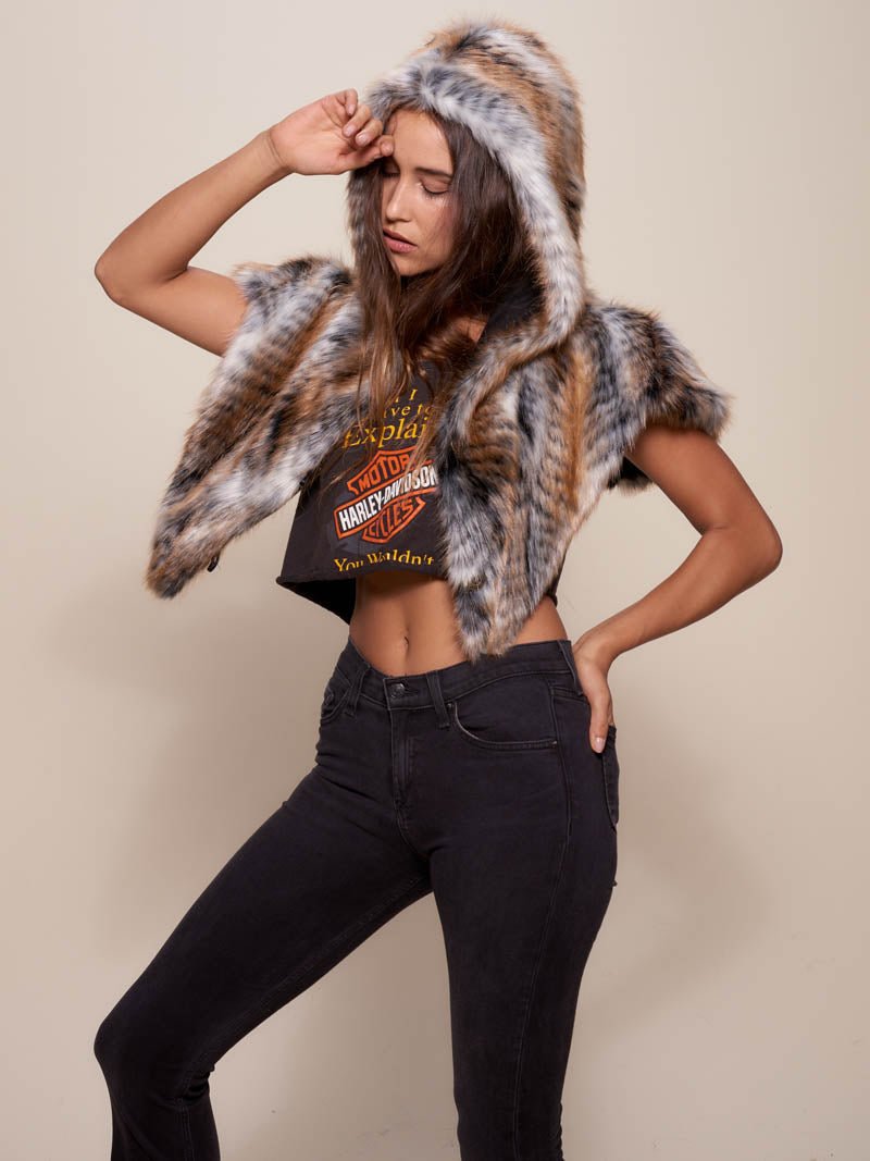 Faux Fur Shawl with Hood in Red Tail Hawk Design on Woman