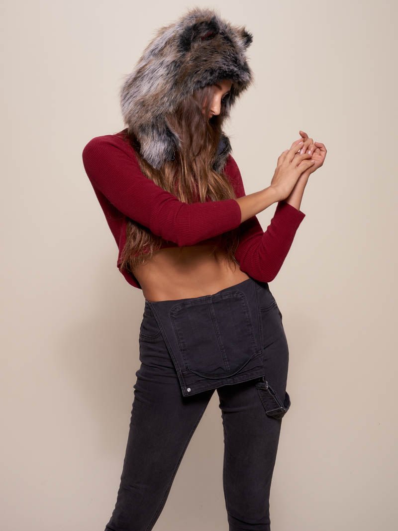 Faux Fur Grey Wolf SpiritHood Half Hood on Female