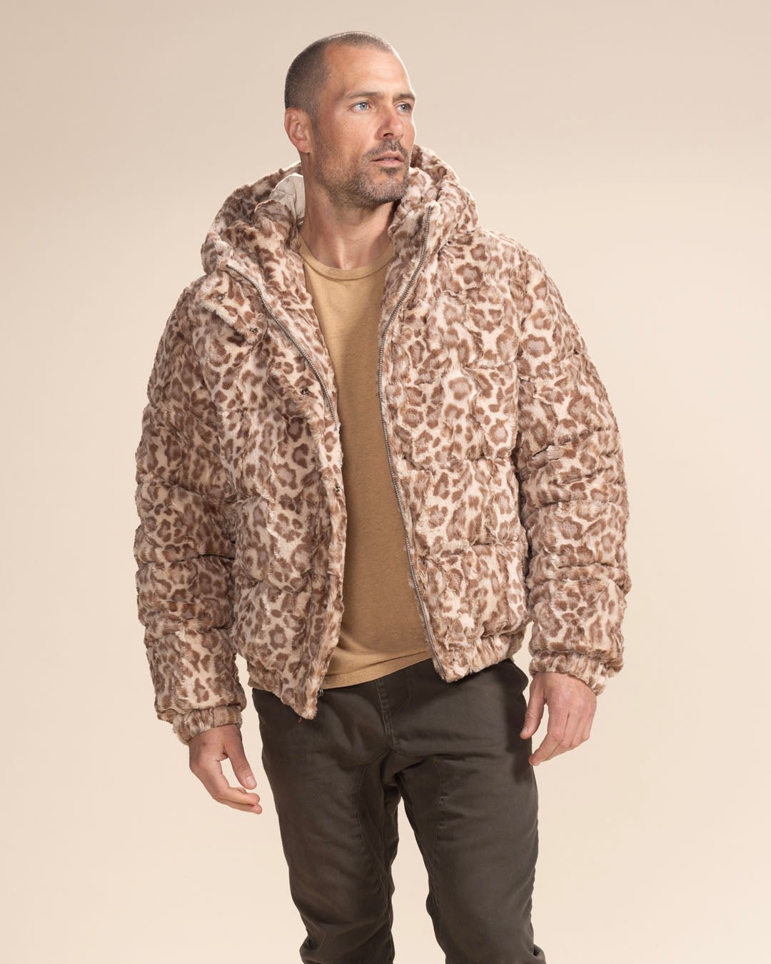 Classic Men&#39;s Puffer Jacket With Hood | Tan Leopard