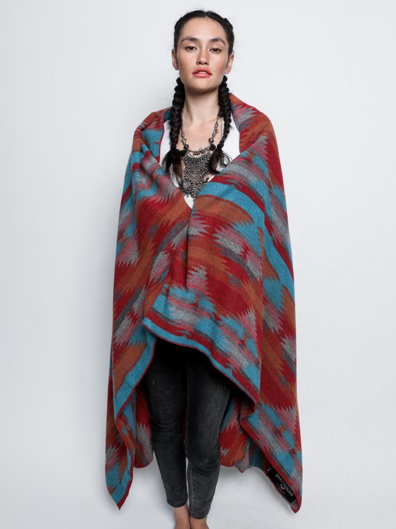 Adventure Fabric Throw with Sunset Fox Design on Female Model