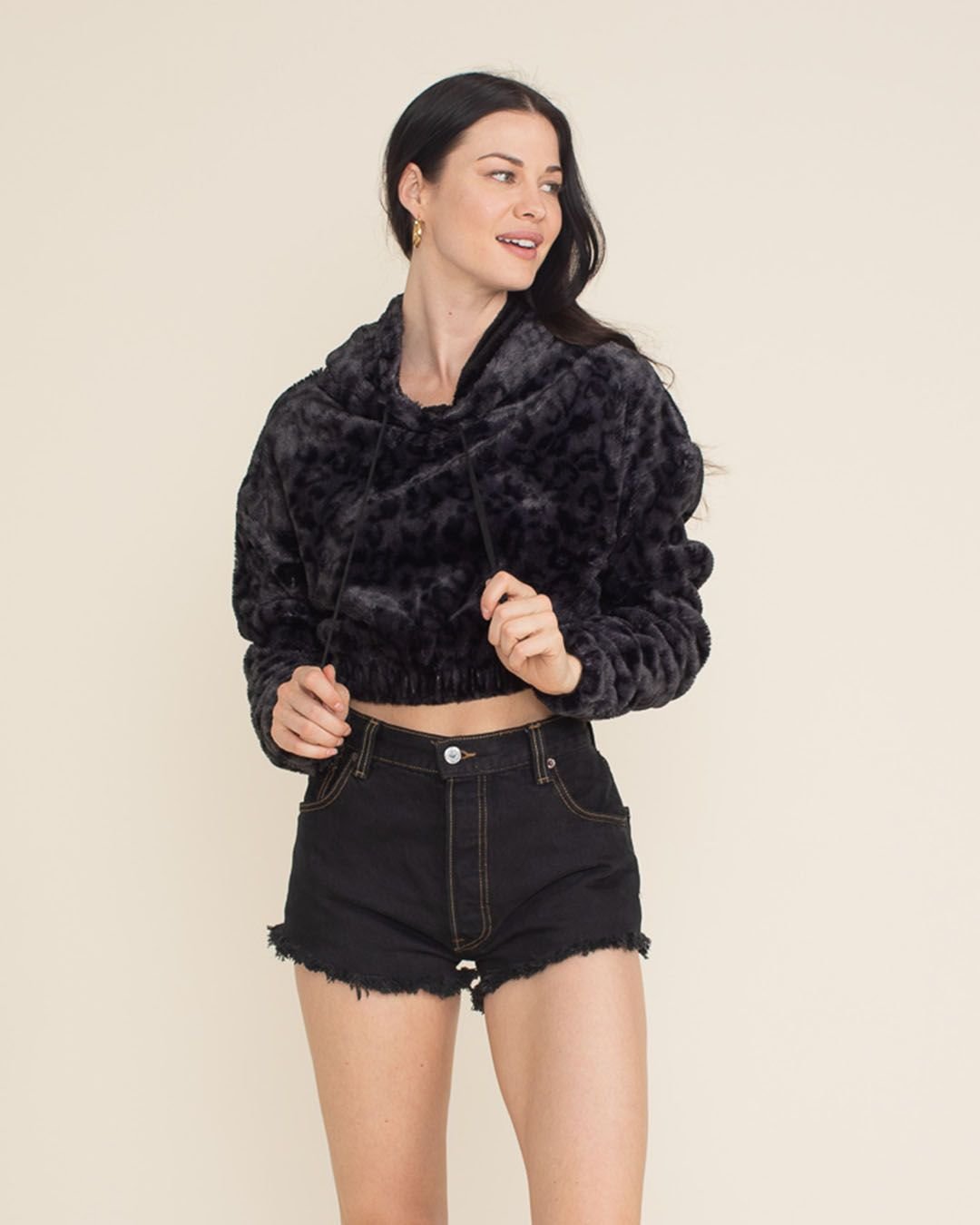 Slate Leopard Classic Ultra Soft Faux Fur Crop Hoodie | Women's