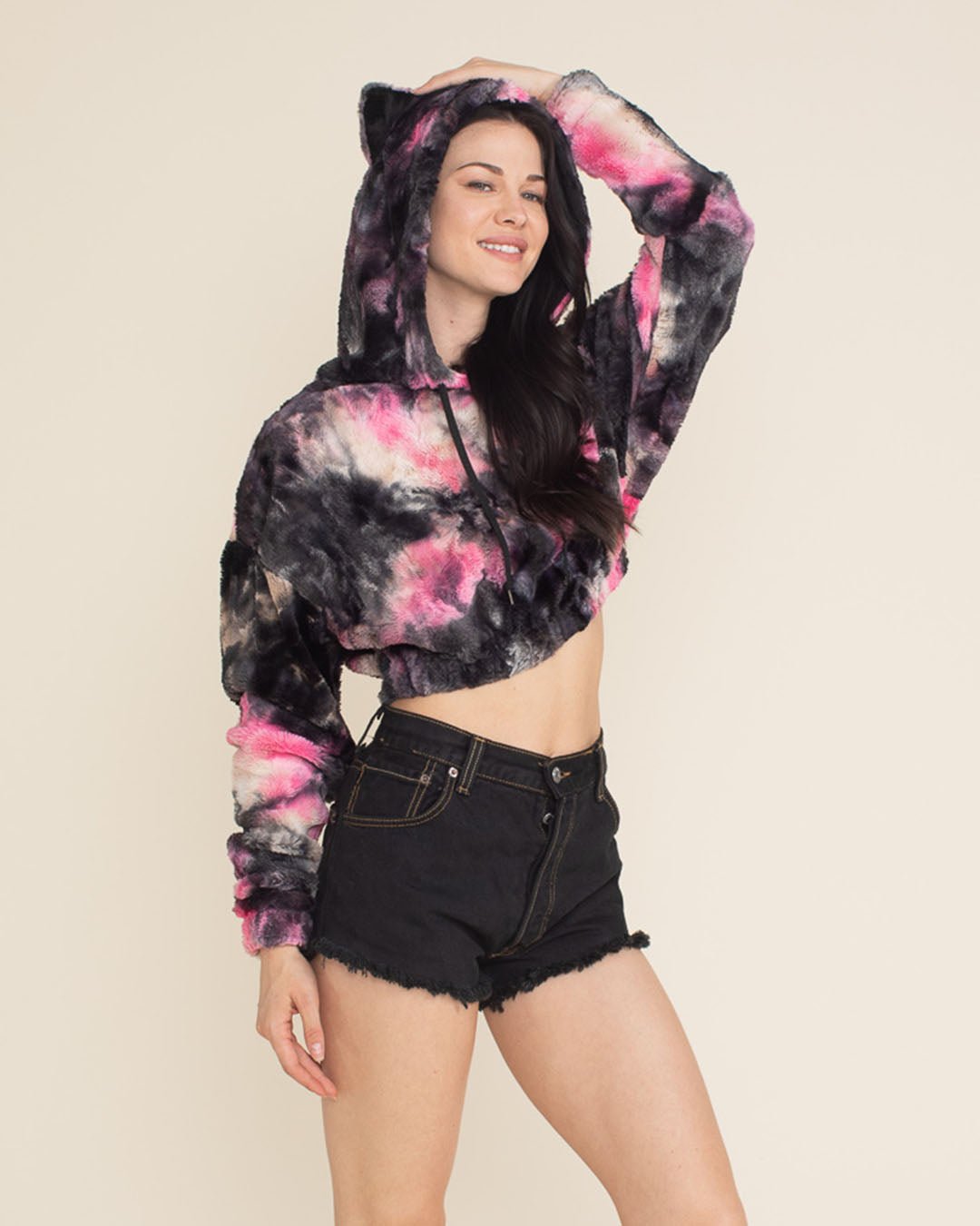 Ink Spotted Leopard Classic Ultra Soft Faux Fur Crop Hoodie | Women's