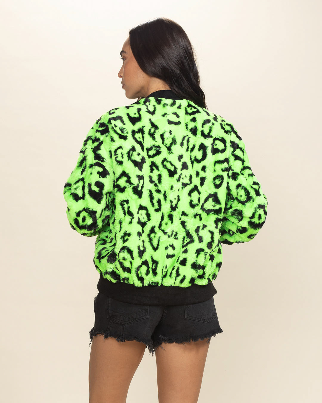 Neon Green Leopard Ultra Soft Faux Fur Bomber Jacket | Women's