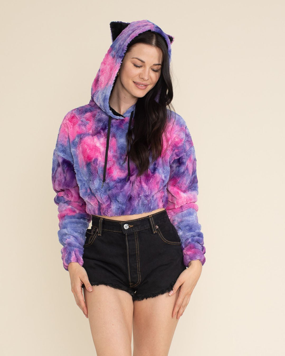 Cotton Candy Kitty Classic Ultra Soft Faux Fur Crop Hoodie | Women's