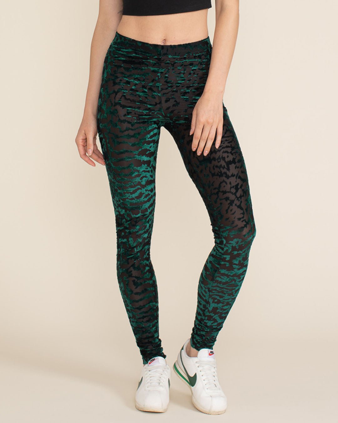 Women's Velvet Leggings | Emerald Green Burnout Tiger