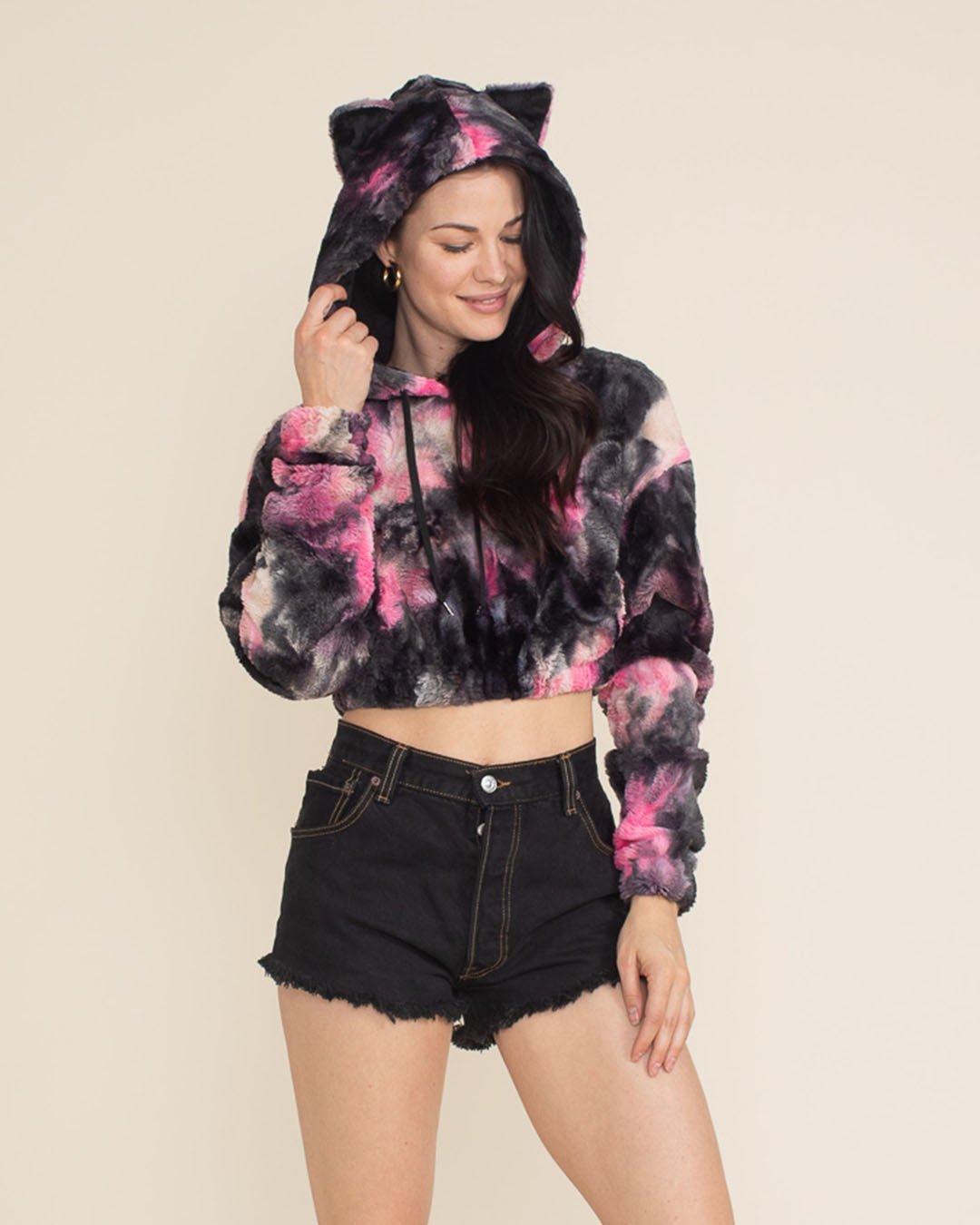 Ink Spotted Leopard Classic Ultra Soft Faux Fur Crop Hoodie | Women&#39;s