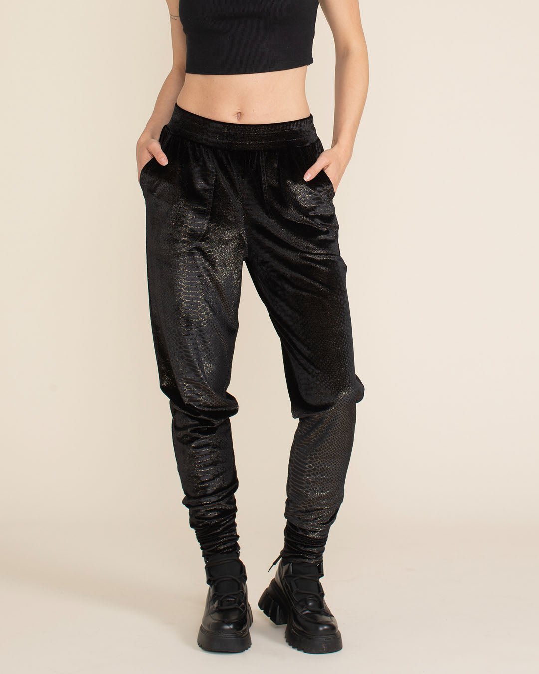 Black Snakeskin Velvet Slim Jogger | Women's