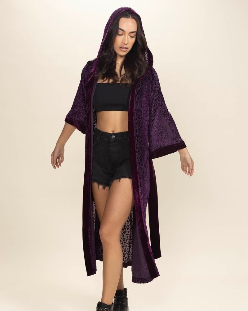 Women's Velvet Kimono | Purple Leopard