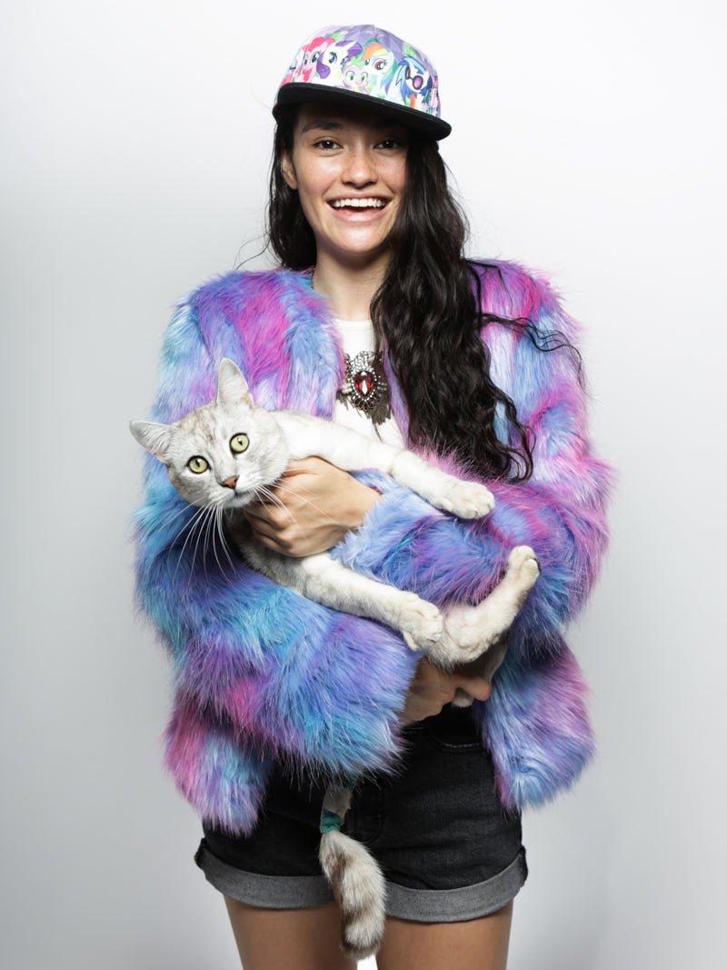 Woman wearing Limited Edition Cotton Candy Faux Fur Bomber, front view 1