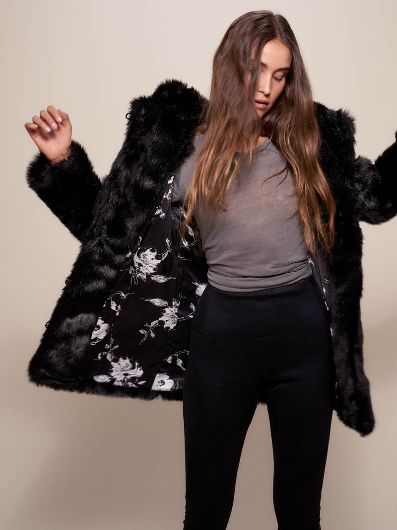 Hooded Faux Fur Coat with Black Panther Design